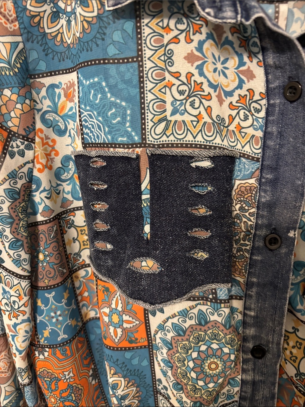 A.Z.IBoho Patchwork Button-Front Shirt - Blue & Orange - Picture 2 of 12